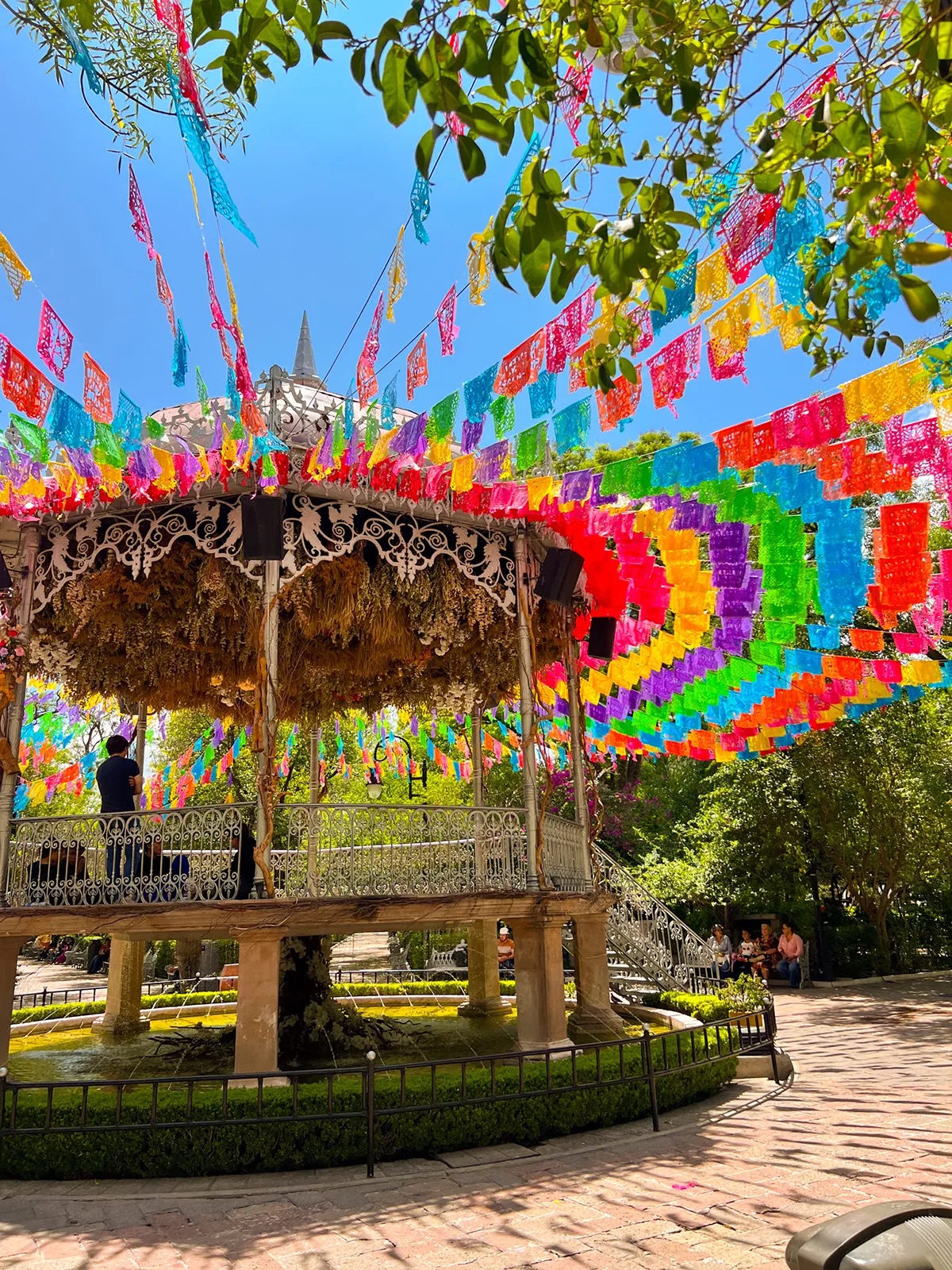 Garden bandstand in Aguascalientes under strings of colorful papel picado and a canopy of dried flowers
